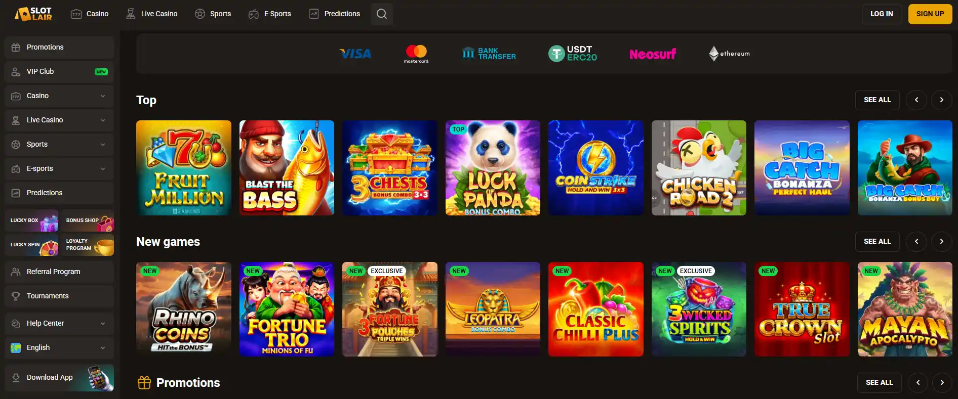 Current SlotLair casino lobby with game categories and navigation